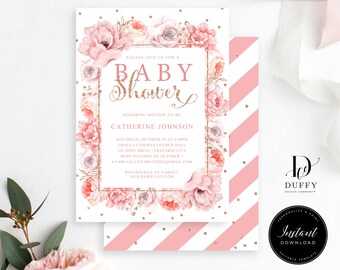 May include: Pink and gold baby shower invitation with floral design. The invitation includes the text "Please join us for a Baby Shower honoring Mother-to-be Catherine Johnson" and details for the event.