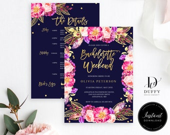 Bachelorette Weekend Invitations With Itinerary, Floral Printable Bridal Weekend Invite, Boho Floral Bachelorette Party Invite DBACH005