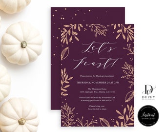 Floral Thanksgiving Invitation Template, Rose Gold Thanksgiving Dinner Invitation, Thanksgiving Feast invite, Give Thanks Invitation, DTH003