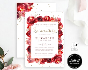 May include: A Quinceañera invitation with a red floral border and gold glitter accents. The text reads "Carlos and Daniella cordially invite you to celebrate the Quinceañera of their daughter Elizabeth Ann Garcia June 22, 2019 Three o'clock in the afternoon Grace Lutheran Church Hall 232 Hope Drive Traverse City Please RSVP to Daniella by June 1 at 689-536-5325 orvcandd@gmail.com"
