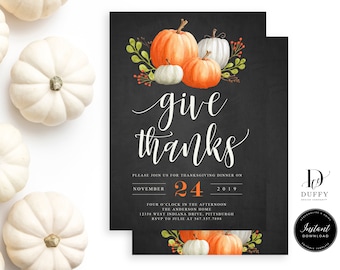 Pumpkin Thanksgiving Invitation Template, Thanksgiving Dinner Invitation, Thanksgiving Feast invite, Give Thanks Invitation, DTH002