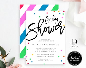 Rainbow Baby Shower Invitation TEMPLATE, Gender Neutral Baby Shower Invite, Editable Baby Shower, Couples Shower, Editable Template DB003