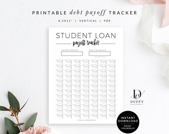 May include: Printable student loan payoff tracker with a graduation cap design. The tracker is 8.5 inches by 11 inches and is vertical. It includes a section for the payoff amount and a section for each cap equals. The tracker is designed to help people track their progress towards paying off their student loans.