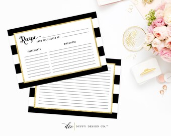 Recipe Card Printable, Printable Recipe Card, DIY Recipe Cards, 4x6 Recipe Card, Bridal Shower Recipe Card, Black Gold PDF Instant Download