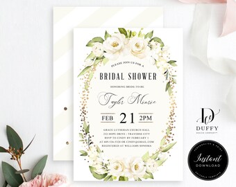 Floral Bridal Shower Invitation, Greenery Bridal Shower Invition, Pink Floral Invite, Instant download Template Printable Digital DBR010W