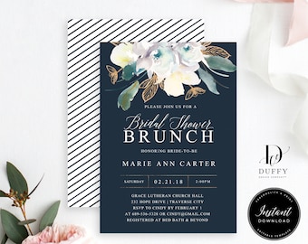 Navy Floral Bridal Shower Invitation TEMPLATE, Printable Bridal Shower Invite, Editable Wedding Shower Invitation DBR004