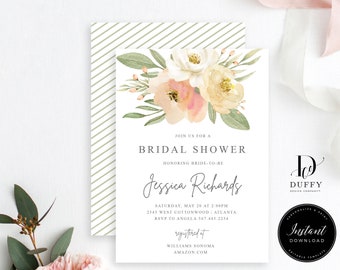 Greenery Bridal Shower Invitation Template, Floral Bridal Shower Invite, Editable Template, Peach White Bridal Shower DBR013