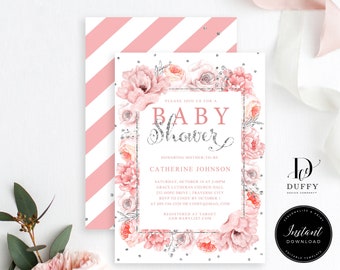 May include: A pink and silver baby shower invitation with a floral design. The invitation features a silver frame with the text "Please join us for a Baby Shower" and the name "Catherine Johnson". The invitation also includes the date, time, and location of the shower.