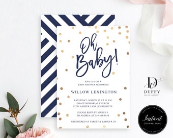 Virtual Shower Invitation Template, Navy Blue Baby Shower Invitation Boy INSTANT DOWNLOAD, Oh Baby Shower Invite, Editable Template DB002N