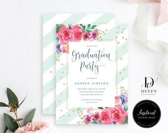 Pink Floral Graduation Party Invitation Template, College Graduation Invite Instant Download, Editable Graduation Invitation, DG003