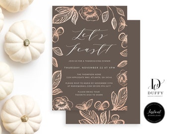 Floral Thanksgiving Invitation Template, Thanksgiving Dinner Invitation, Thanksgiving Feast invite, Give Thanks Invitation, DTH001