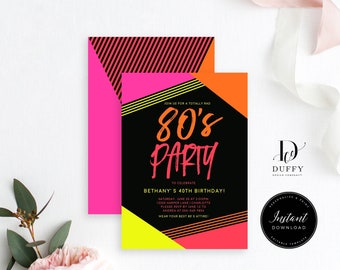 80's Birthday Invitation Template, 90's Birthday, 80s Themed Neon Party Invitations, 80's Neon Party Invitation, INSTANT DOWNLOAD, DBIR011