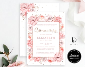 EDITABLE Blush Pink Quinceañera Invitation Template, Printable Quinceañera Birthday Party Invitation Template, Mis Quince, Instant Download
