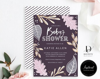 Purple Woodland Fall Baby Shower Invitation | Editable Template | Instant Download PDF