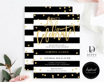 May include: Black and white striped graduation party invitation with gold confetti and the text "Let's Celebrate!"  Please join us for a graduation party honoring Ashton James. Saturday, May 18 at 2pm. Capers Landing Grill, 12255 Harper Lane, Charlotte. RSVP by May 1 to Andrea at 514-568-9834.