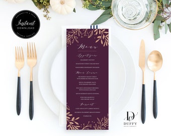 Rose Gold Thanksgiving Menu Editable Template, Fall Wedding Menu Card, Friendsgiving Menu Card, INSTANT DOWNLOAD, DTH003