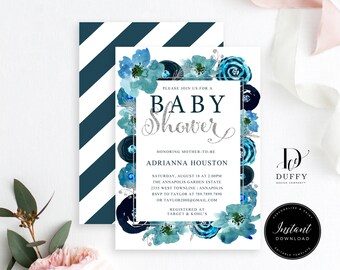 Plantilla de invitación de baby boy shower, invitación floral de baby shower boy DESCARGA INSTANTÁNEA, invitación de baby shower, plantilla editable DB005