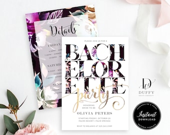 May include: A bachelorette party invitation with a floral design. The text reads "Please join us for a Bachelorette Party honoring bride-to-be Olivia Peters. Starting Friday, October 20, Palms Resort, Palm Springs. RSVP to Melanie at 325.245.2589."
