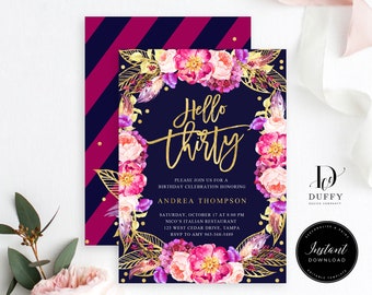 Blush 30th Birthday Invitation Template, Floral Adult Birthday Invitation, Gold Birthday Invitations, INSTANT DOWNLOAD, DBIR002