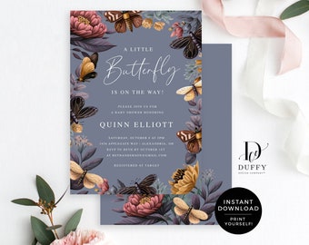 Butterfly Baby Shower Invitation, Butterfly Shower Invitation Girl, Editable Boho Baby Shower Invitation Template, Baby In Bloom, DB014