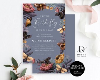Butterfly Baby Shower Invitation, Floral Boho Template (Digital Download)
