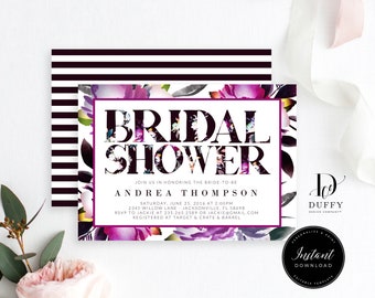 Floral Bridal Shower Invitation TEMPLATE, Black & White Bridal Shower Invites, Pink Black Shower Invite, Printed or Printable, DBACH002OG