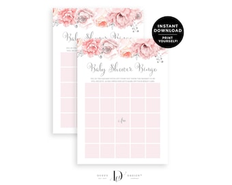 May include: Pink and white floral baby shower bingo card with a silver glitter font. The card has a 5x5 grid with squares to fill in as guests open gifts. The text reads "Baby Shower Bingo" and "Fill in the squares with gift items you think the mommy-to-be will receive. As she opens her gifts, mark off your bingo card."