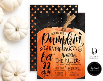 May include: An orange and black pumpkin carving party invitation with a watercolor pumpkin design. The text reads "Join us for a Pumpkin Carving Party, Oct 22, 6pm, Hosted by The Millers, 1253 Spooky Way, Charleston, Bring your own pumpkin & carving supplies, RSVP by Oct 13 to Alex at 623.256.3258".
