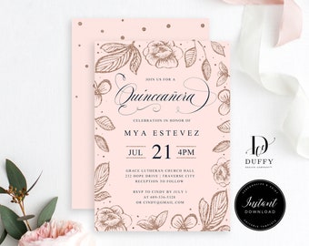 EDITABLE Blush Pink Quinceañera Invitation Template, Printable Quinceañera Birthday Party Invitation Template, Mis Quince, Instant Download