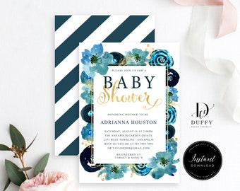 Baby Boy Shower Invitation Template, Floral Baby Shower Invitation Boy INSTANT DOWNLOAD, Baby Shower Invite, Editable Template DB005