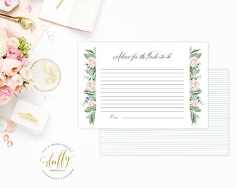 May include: White card with a floral border and the text "Advice for the Bride-to-be". The card has lines for writing and a space for a signature.