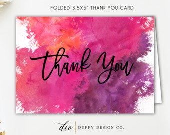 Thank You Card, Wedding Thank You, Watercolor, Black Striped Thank You Card, Folded Printable Thank You, 5x3.5 PDF Instant Download