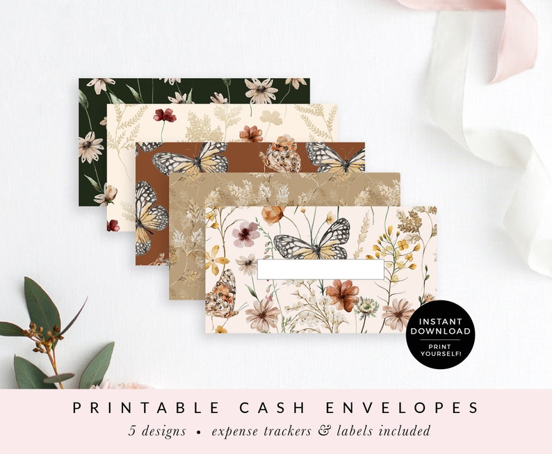 Floral Printable Cash Envelopes with Transaction Tracker, Cash Envelope System, Budget Envelopes Printable, Set of 5 INSTANT DOWNLOAD CE037 image 1