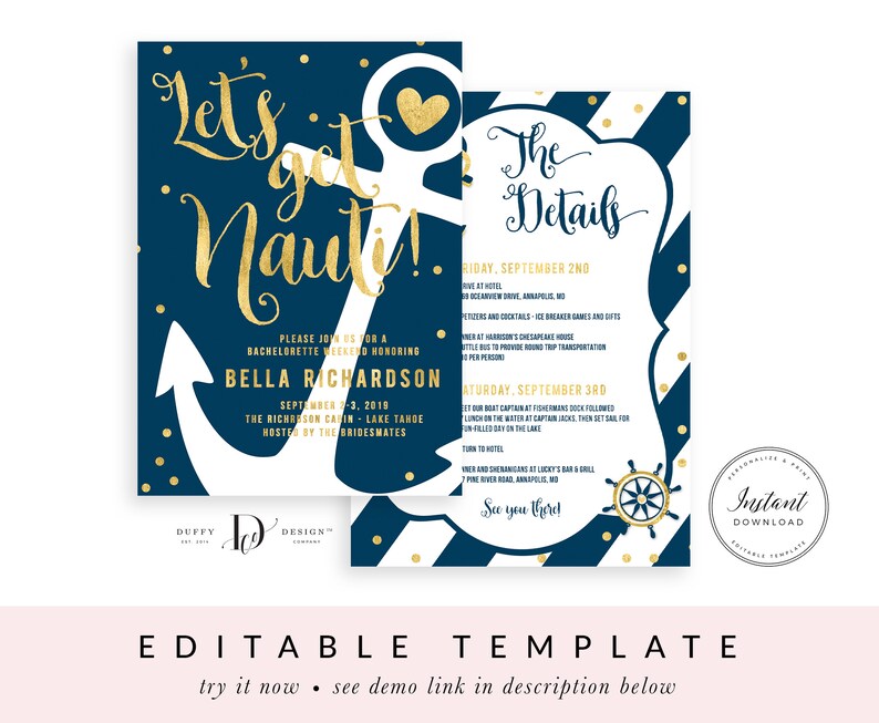 Nautical Bachelorette Weekend Invitation With Itinerary Printable Hens Party Invite EDITABLE Instant Download Invitations Template