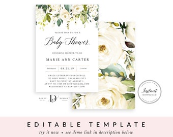 Boho Floral Baby Shower Invitation Template, Editable Printable Baby Shower Invite, Gender Neutral