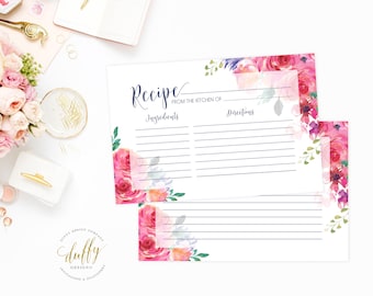 May include: Pink floral recipe cards with the text "Recipe from the kitchen of" and lines for ingredients and directions.