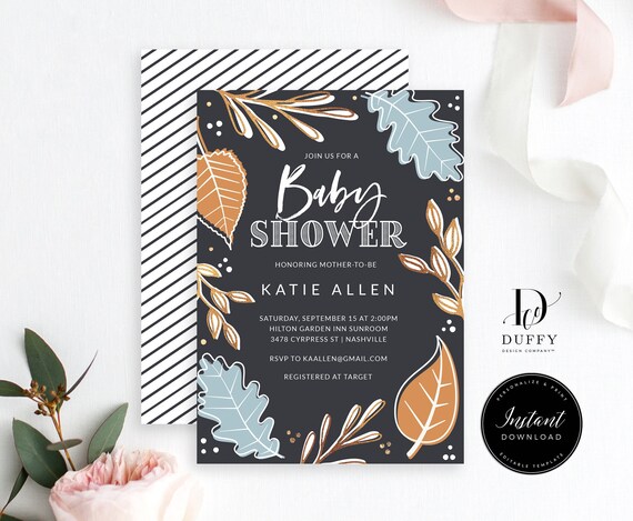 Fall Baby Shower Invitation TEMPLATE, Rustic Baby Shower Invitations Boy, Woodland Baby Shower Invitation, DBFALL01