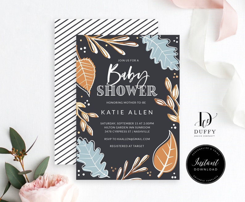 May include: A black and gold baby shower invitation with a striped background. The invitation features a floral design with leaves and the text "Join us for a Baby Shower" and "Honoring Mother-to-be Katie Allen".