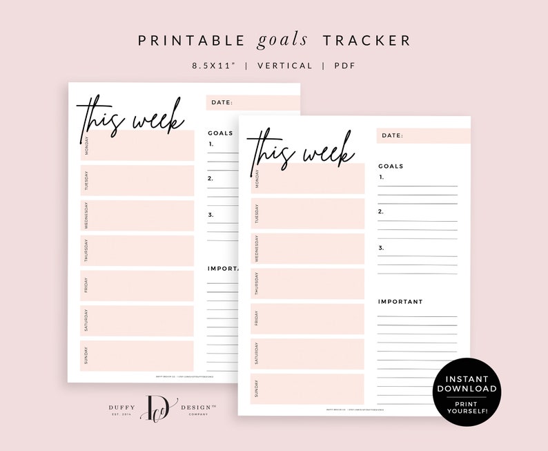 May include: Printable weekly goal tracker with a pink background. The tracker has sections for daily tasks, goals, and important notes. The text "This week" is written in black cursive at the top of the page.