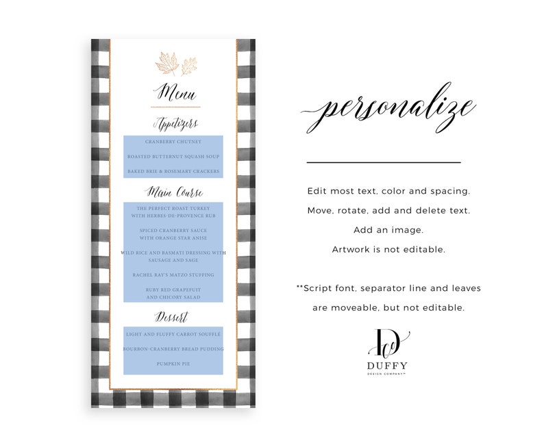 May include: A black and white gingham patterned menu card with a gold border. The menu card has a blue watercolor background with gold leaf accents. The menu lists appetizers, main course, and dessert options. The text "Menu" is written in a gold script font. The text "personalize" is written in a black script font. The text "DUFFY DESIGN COMPANY" is written in a black script font.