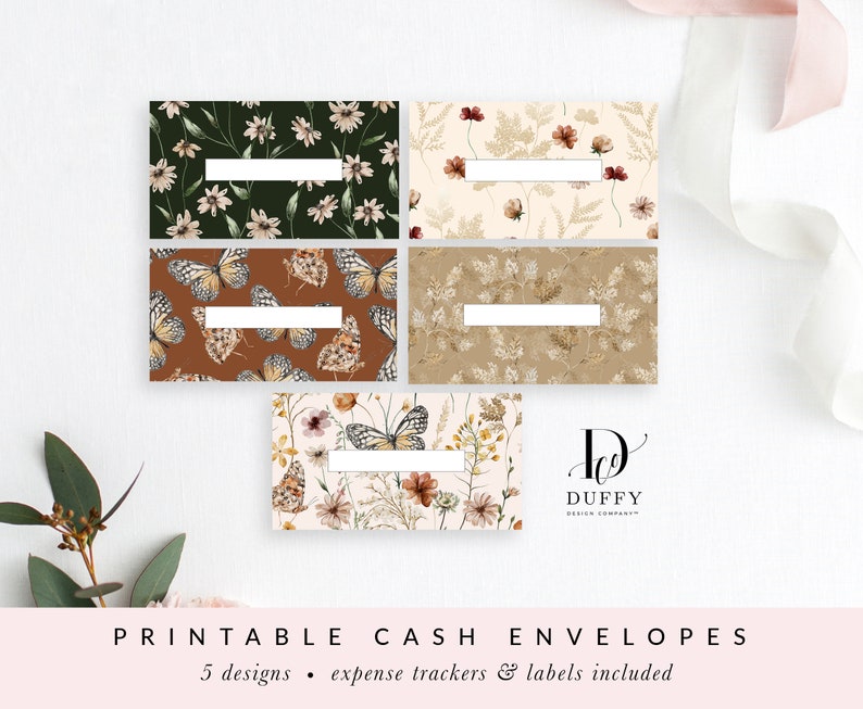 Floral Printable Cash Envelopes with Transaction Tracker, Cash Envelope System, Budget Envelopes Printable, Set of 5 INSTANT DOWNLOAD CE037 image 2