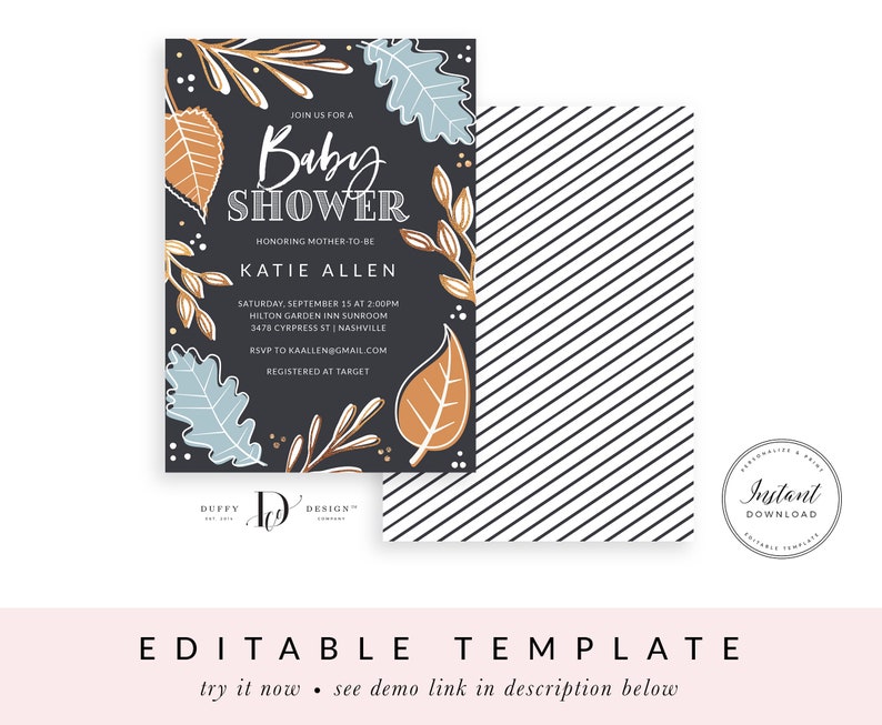 May include: A black and white striped background with a dark blue card featuring a baby shower invitation with fall leaves and the text "Join us for a Baby Shower honoring mother-to-be Katie Allen. Saturday, September 15 at 2:00pm Hilton Garden Inn Sunroom 3478 Cypress St Nashville RSVP to kaallen@gmail.com Registered at Target"