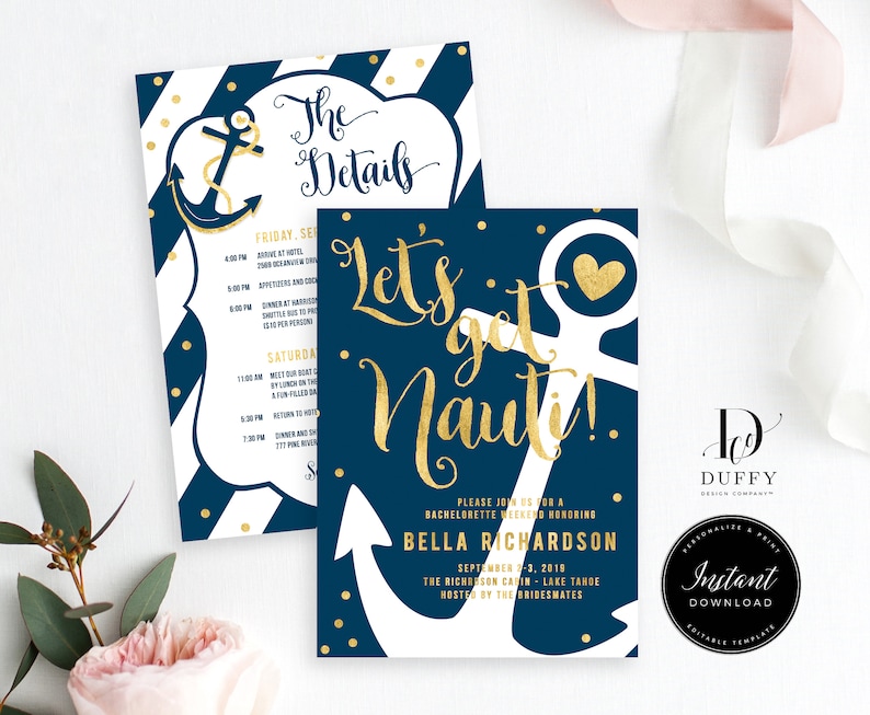 Nautical Bachelorette Weekend Invitation With Itinerary Printable Hens Party Invite EDITABLE Instant Download Invitations Template