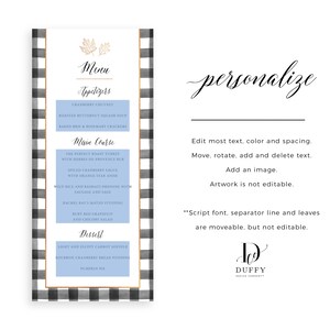 May include: A black and white gingham patterned menu card with a gold border. The menu card has a blue watercolor background with gold leaf accents. The menu lists appetizers, main course, and dessert options. The text "Menu" is written in a gold script font. The text "personalize" is written in a black script font. The text "DUFFY DESIGN COMPANY" is written in a black script font.