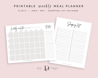 Modern Weekly Meal Planner Printable, Meal Planner, Menu Planner, Grocery Shopping List Printable, Health Planner, Fitness Planner, PDF