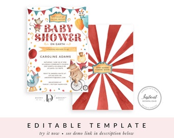 Circus Baby Shower Invitation| Gender Neutral | editable Invite | Instant Download