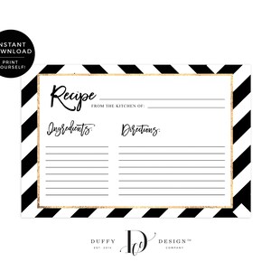 Black and White Recipe Card, Printable Recipe Card, DIY Recipe Cards ...