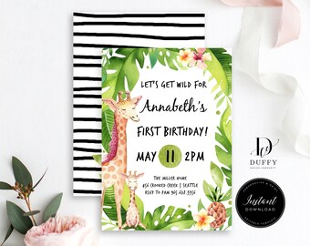 Giraffe Birthday Invitation, Jungle Birthday Party Invitation, Editable Zoo First Birthday Invitations, DBIR006