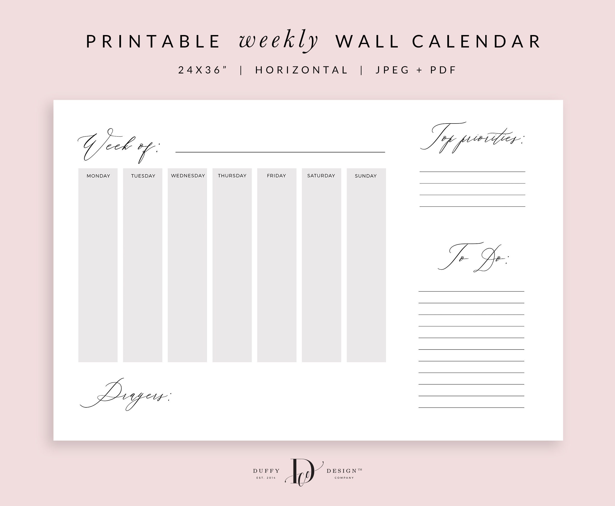 Large Weekly Wall Calendar PRINTABLE Large Wall Calendar Big Etsy
