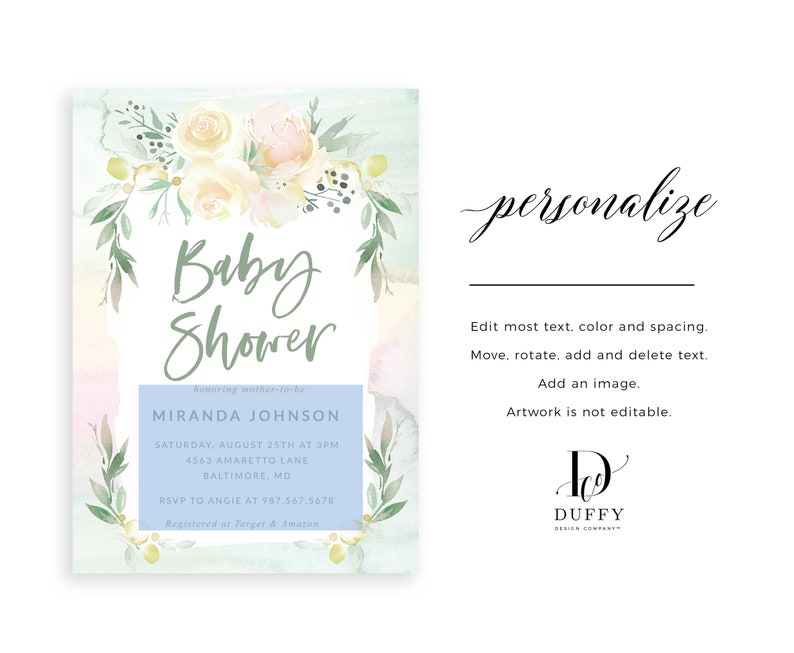 May include: A watercolor baby shower invitation with a floral wreath and the text "Baby Shower" in green script. The invitation includes the name "Miranda Johnson", the date and time of the shower, the address, and RSVP information.